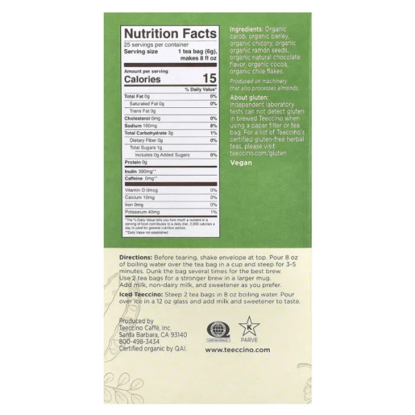 Трав'яний чай, Roasted Herbal Tea, Teeccino, без кофеїну, органік, зі смаком мексиканського шоколаду, 25 чайних пакетиків, 150 г