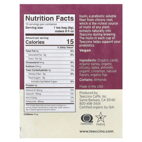 Трав'яний чай, Herbal Tea, Teeccino, без кофеїну, зі смаком печива снікердудль, 10 чайних пакетиків, 60 г