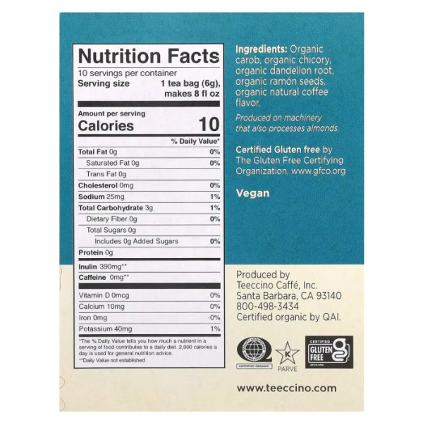 Травяной чай из одуванчика, Herbal Tea, Teeccino, органик, без кофеина, темная обжарка, 10 чайных пакетиков, 60 г