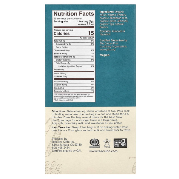 Трав'яний чай, Herbal Tea, Teeccino, без кофеїну, середньої прожарки, з кульбабою, карамеллю та горіхом, 25 чайних пакетиків, 150 г