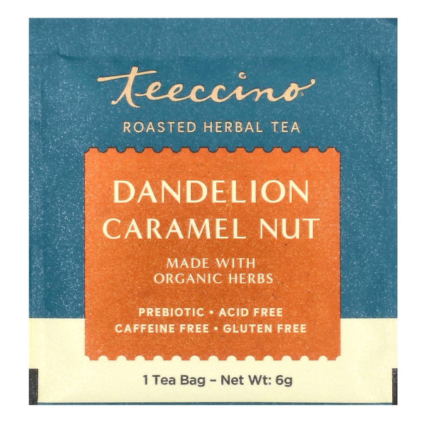 Трав'яний чай, Herbal Tea, Teeccino, без кофеїну, середньої прожарки, з кульбабою, карамеллю та горіхом, 25 чайних пакетиків, 150 г
