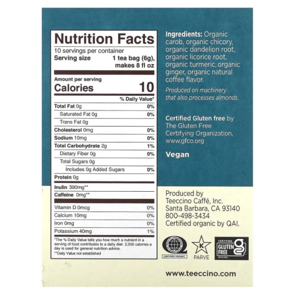 Трав'яний чай зі смаком кави мокко і куркуми, Chicory Tea, Teeccino, без кофеїну, 10 пакетів, 60 г