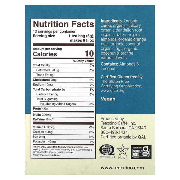 Трав'яний чай, Roasted Herbal Tea, Teeccino, органік, без кофеїну, з кульбабою та кокосом, 10 чайних пакетиків, 60 г