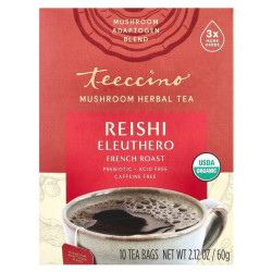 Травяной чай с рейши и сибирским женьшенем, Mushroom Herbal Tea Teeccino, без кофеина вкус french roast, 10 пакетиков, 60 г