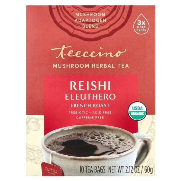 Трав'яний чай з грибом рейші та сибірським женьшенем, Mushroom Herbal Tea, Teeccino, без кофеїну, зі смаком французької обсмажування, 10 чайних пакетиків, 60 г