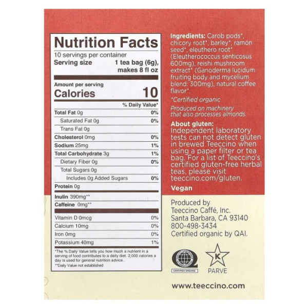 Трав'яний чай з грибом рейші та сибірським женьшенем, Mushroom Herbal Tea, Teeccino, без кофеїну, зі смаком французької обсмажування, 10 чайних пакетиків, 60 г