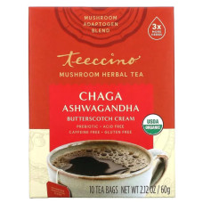 Травяной чай с грибами, Mushroom Herbal Tea Teeccino, органик без кофеина, с чагой и ашвагандой вкус ирисочный крем, 10 пакетиков, 60 г