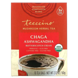 Травяной чай с грибами, Mushroom Herbal Tea Teeccino, органик без кофеина, с чагой и ашвагандой вкус ирисочный крем, 10 пакетиков, 60 г