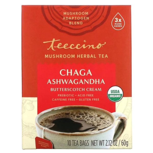 Трав'яний чай з грибом, Mushroom Herbal Tea, Teeccino, органік, без кофеїну, з грибом чага та ашвагандою, зі смаком крему з ірисок, 10 чайних пакетиків, 60 г