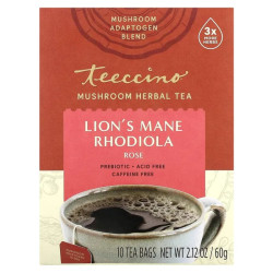 Трав'яний чай з Lion's Mane та родіолою без кофеїну, Mushroom Herbal Tea Teeccino, смак троянда, 10 пакетиків, 60 г