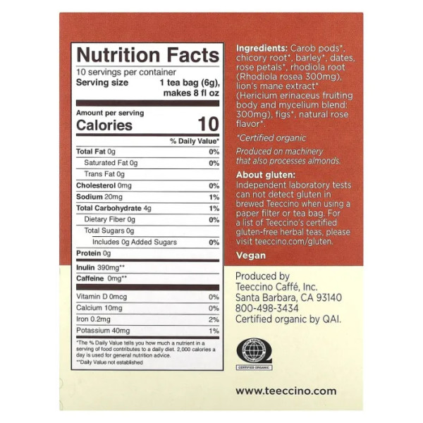 Трав'яний чай з їжовиком гребінчастим та родіолою, Mushroom Herbal Tea, Teeccino, без кофеїну, зі смаком троянди, 10 чайних пакетиків, 60 г