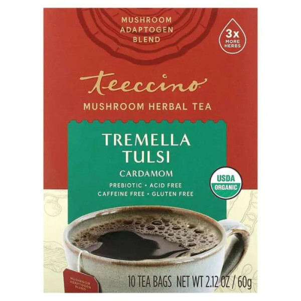 Трав'яний чай з грибом трутовиком різнокольоровим та астрагалом, Mushroom Herbal Tea, Teeccino, без кофеїну, зі смаком підсмаженого клена, 10 чайних пакетиків, 60 г