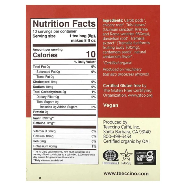 Трав'яний чай з грибом тремелла та тулсі, Mushroom Herbal Tea, Teeccino, без кофеїну, зі смаком кардамону, 10 чайних пакетиків, 60 г