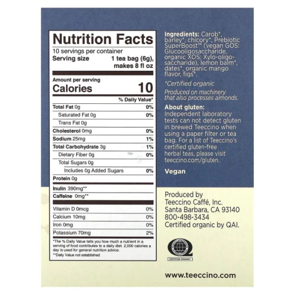 Трав'яний чай, Herbal Tea, Teeccino, органік, без кофеїну, з пребіотиком, зі смаком манго-лимон-меліса, 10 чайних пакетиків, 60 г