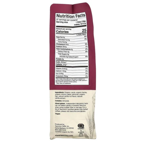 Трав'яна кава, Chicory Herbal Coffee, Teeccino, без кофеїну, з цикорію, середнього обсмажування, зі смаком ваніль-горіх, 312 г