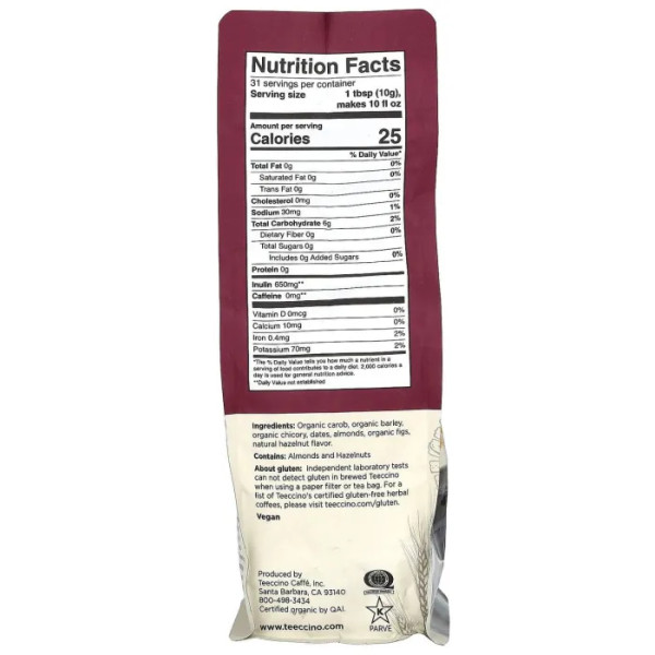 Трав'яна кава з цикорію, Herbal Coffee, Teeccino, без кофеїну, середнього обсмажування, зі смаком лісового горіха, 312 г
