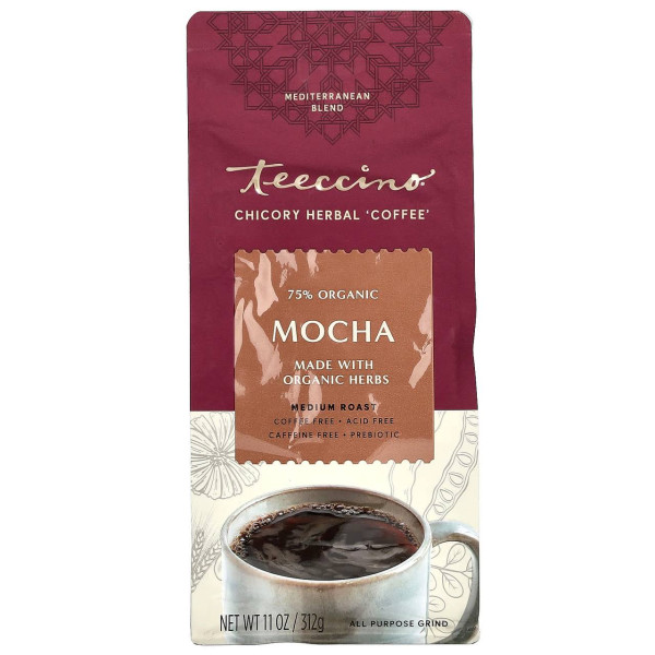 Трав'яна кава, Herbal Coffee, Teeccino, без кофеїну, з цикорію, середньої обсмажування, зі смаком мокка, 312 г