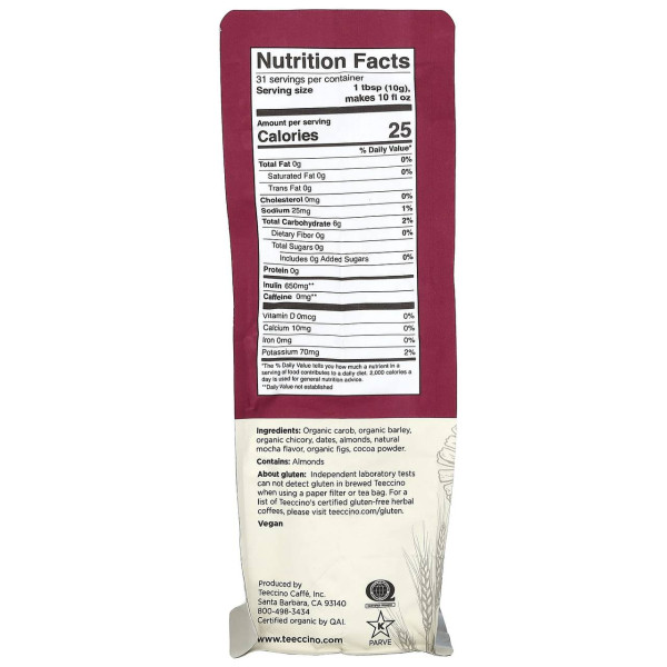 Трав'яна кава, Herbal Coffee, Teeccino, без кофеїну, з цикорію, середньої обсмажування, зі смаком мокка, 312 г