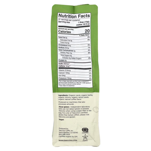 Трав'яна кава французького обсмажування, Chicory Herbal Coffee, Teeccino, органік, темного обсмажування, без кофеїну, з цикорію, 312 г