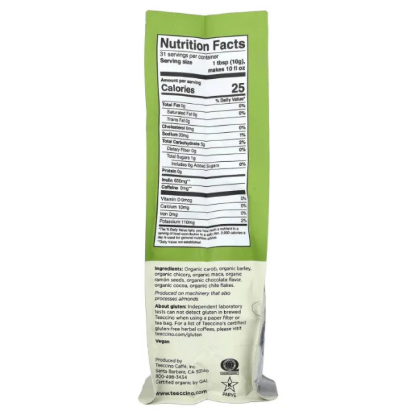 Трав'яна кава з цикорієм, Chicory Herbal Coffee, Teeccino, органік, темного обсмажування, без кофеїну, з шоколадом та макою, 312 г