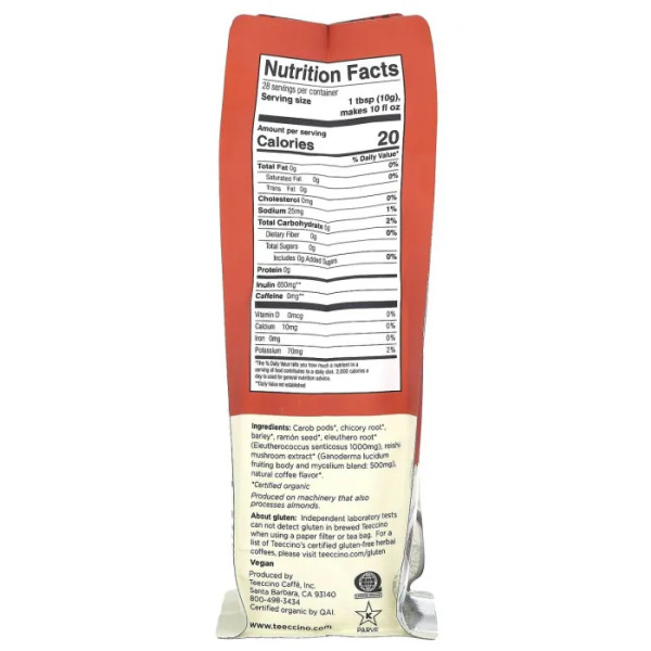 Трав'яна кава з грибами, Mushroom Herbal Coffee, Teeccino, темного обсмажування, без кофеїну, з рейші та елеутеро, зі смаком обсмажування по-французьки, 284 г