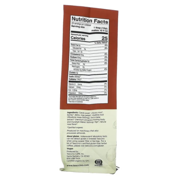 Трав'яна кава з грибами, Mushroom Herbal Coffee, Teeccino, середньої обсмажування, без кофеїну, з родіолою та їжовиком гребінчастим, зі смаком троянди, 284 г