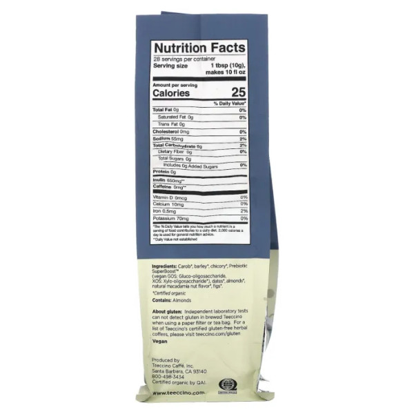 Трав'яний замінник кави, Herbal Coffee, Teeccino, середнього обсмажування, без кофеїну, з пребіотиком, зі смаком горіха макадамія, 284 г