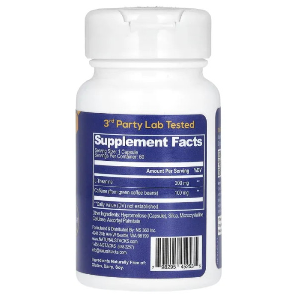 Кофеїн з L-теаніном, Smart Caffeine, Natural Stacks, 60 веганських капсул