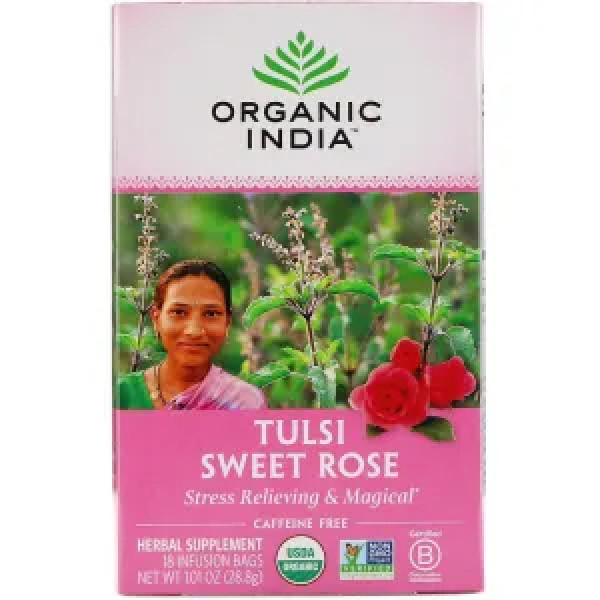 Чай тулсі з базиліком, Солодка троянда, Tulsi Tea, Sweet Rose, Organic India, без кофеїну, 18 чайних пакетиків, 28.8 г