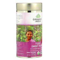 Чай тулси листовой, сладкая роза, без кофеина, Organic India Tulsi Sweet Rose, 100 г
