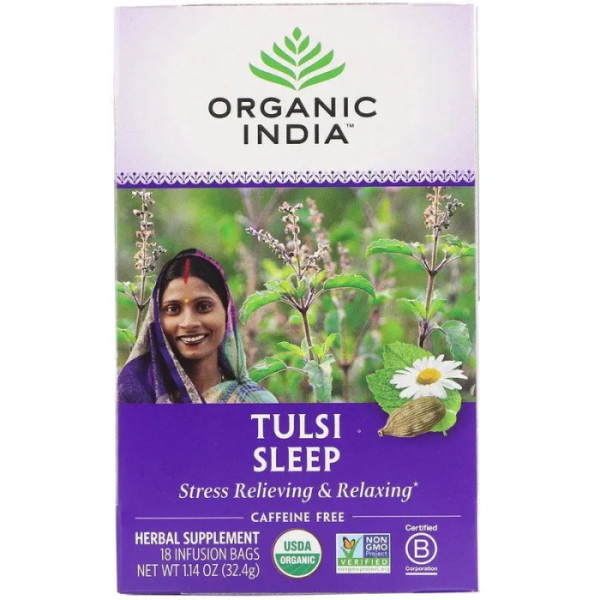 Чай тулсі з базиліком, Tulsi Tea, Sleep, Organic India, зняття стресу та розслаблення, без кофеїну, 18 чайних пакетиків, 32.4 г
