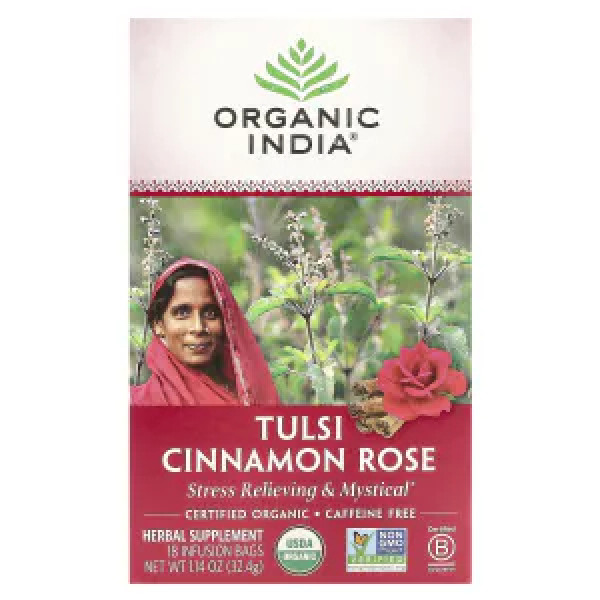 Чай тулсі кориця та троянда, Tulsi Tea, Cinnamon Rose, Organic India, без кофеїну, 18 пакетиків для заварювання, 32,4 г