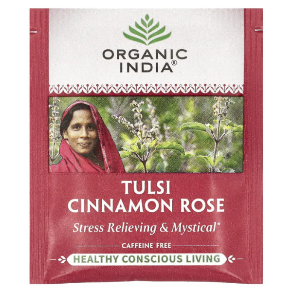 Чай тулсі кориця та троянда, Tulsi Tea, Cinnamon Rose, Organic India, без кофеїну, 18 пакетиків для заварювання, 32,4 г