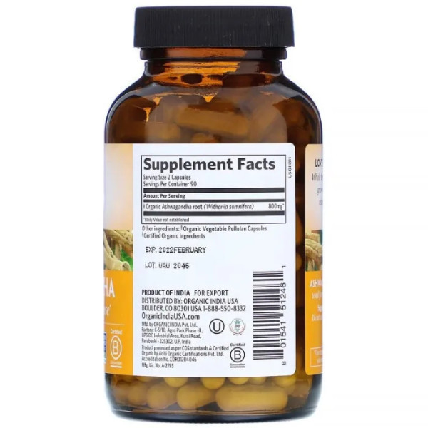 Ашвагандха, Ashwagandha, Organic India, 180 вегетаріанських капсул