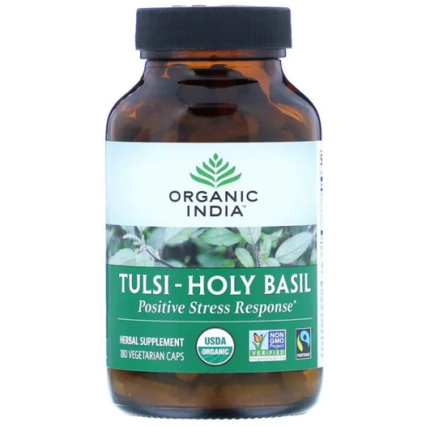 Тулсі-священний базилік, Tulsi-Holy Basil, Organic India, позитивна відповідь на стрес, 180 вегетаріанських капсул