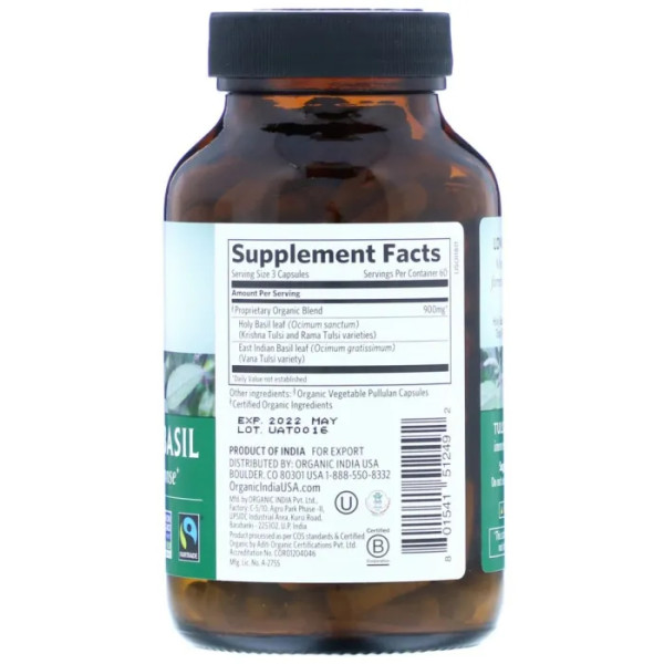 Тулсі-священний базилік, Tulsi-Holy Basil, Organic India, позитивна відповідь на стрес, 180 вегетаріанських капсул
