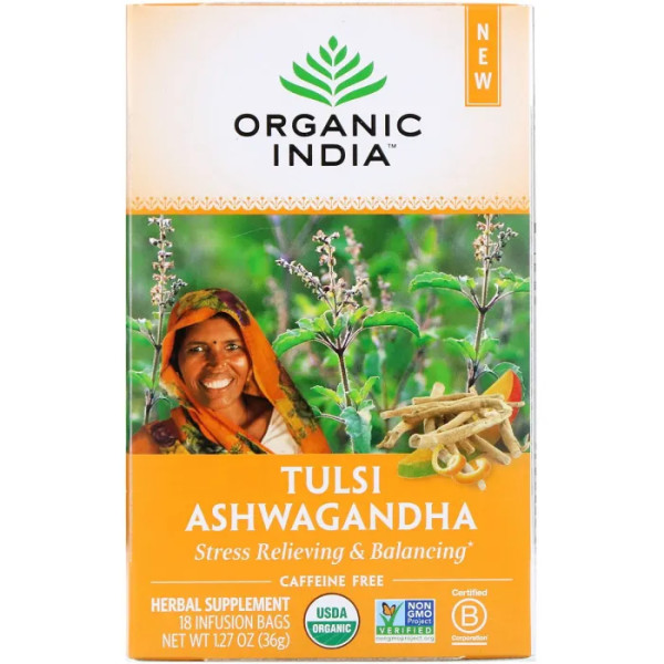 Чай Тулса з ашвагандха, без кофеїну, Tulsi Ashwagandha ,, Organic India, 18 чайних пакетиків, 36 г