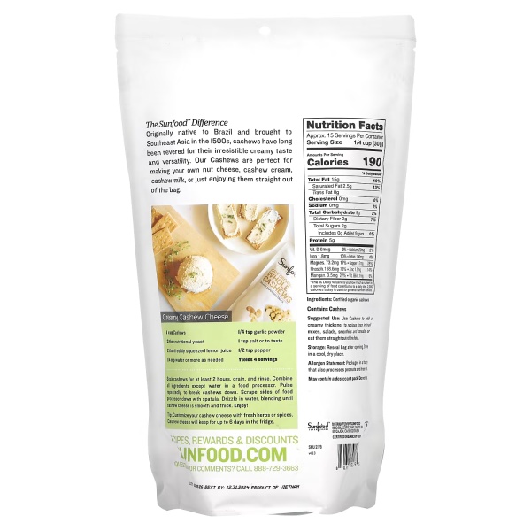 Горіхи кешью, Cashews, Sunfood, сирі, органічні, цілісні, 454 г