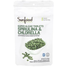 Спіруліна та хлорела таблетки, Sunfood Spirulina Chlorella, приблизно 228 таблеток, 57 г