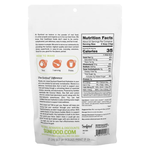 Електроліти, Superfood Hydration Renew, Sunfood, зі смаком кислого кавуна, 227 г