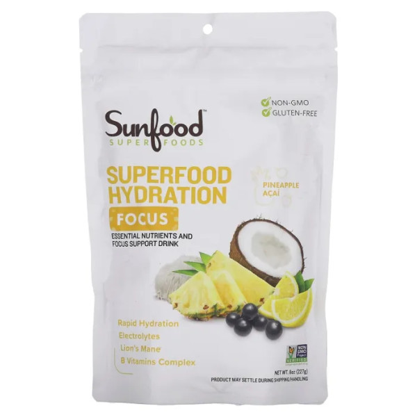 Ананас та асаї, Pineapple Acai, Superfood Hydration Focus, Sunfood, 227 г