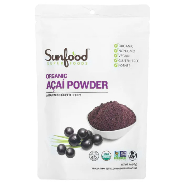 Асаї, Organic Acai Powder, Sunfood, органік, порошок, 113 г