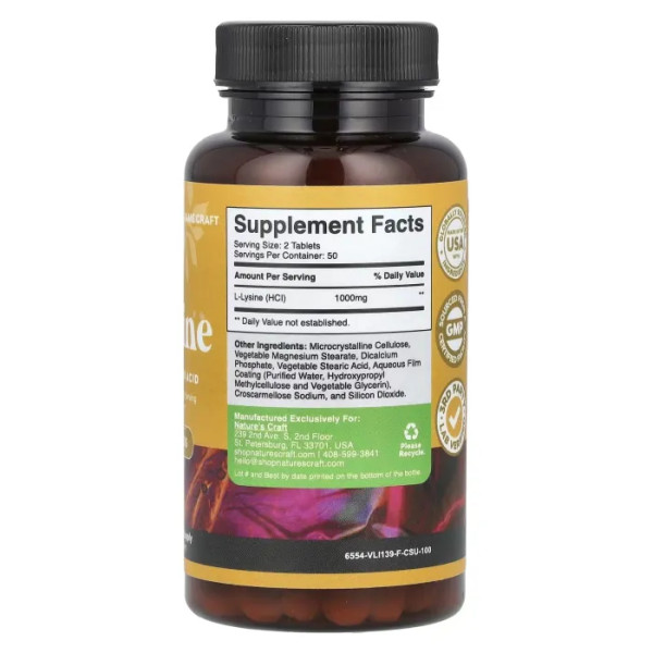 L-лізин, L-Lysine, Nature's Craft, 1000 мг, 100 таблеток (500 мг у таблетці)