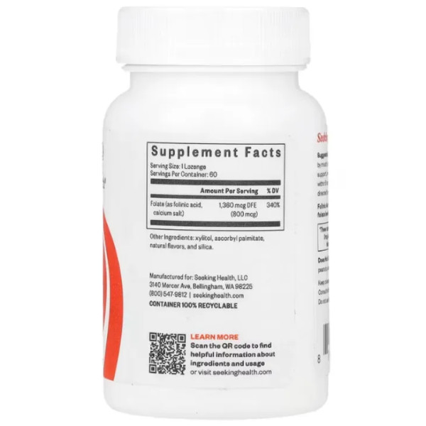 Фолінова кислота, Folinic Acid, Seeking Health, 800 мкг (1,360 мкг ДФЕ), 60 пастилок