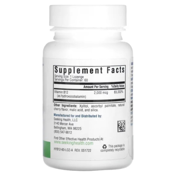 Вітамін B12, у формі гідроксикобаламіну, Hydroxo B12, Seeking Health, 2000 мкг, 60 льодяників