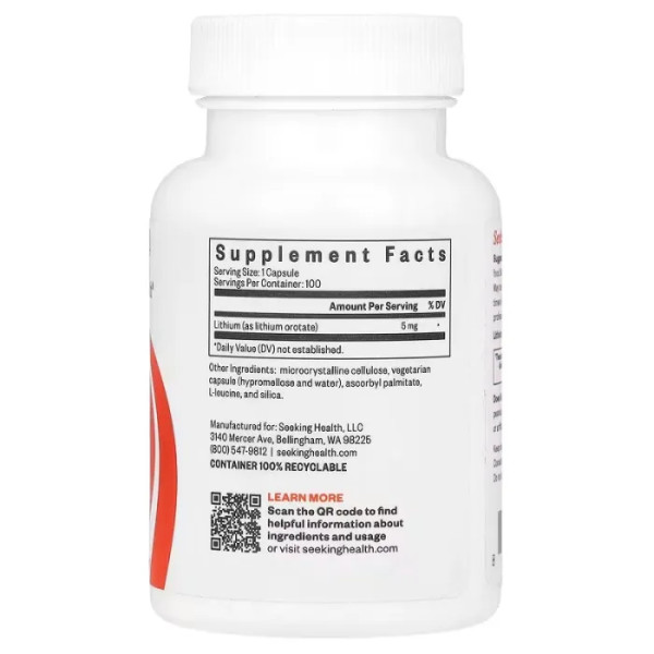 Літій оротат, Lithium Orotate, Seeking Health, 5 мг, 100 вегетаріанських капсул