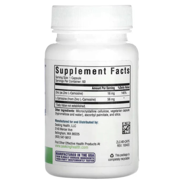 Цинк-Карнозін, Zinc Carnosine, Seeking Health, 60 вегетаріанських капсул