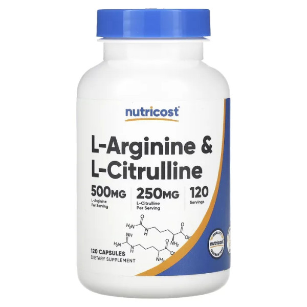 L-аргінін та L-цитрулін, L-Arginine L-Citrulline, Nutricost, 120 капсул