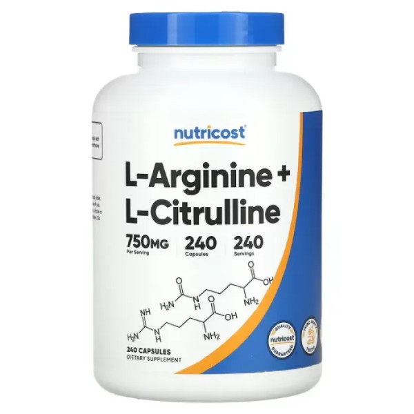 L-аргінін та L-цитрулін, L-Arginine L-Citrulline, Nutricost, 240 капсул
