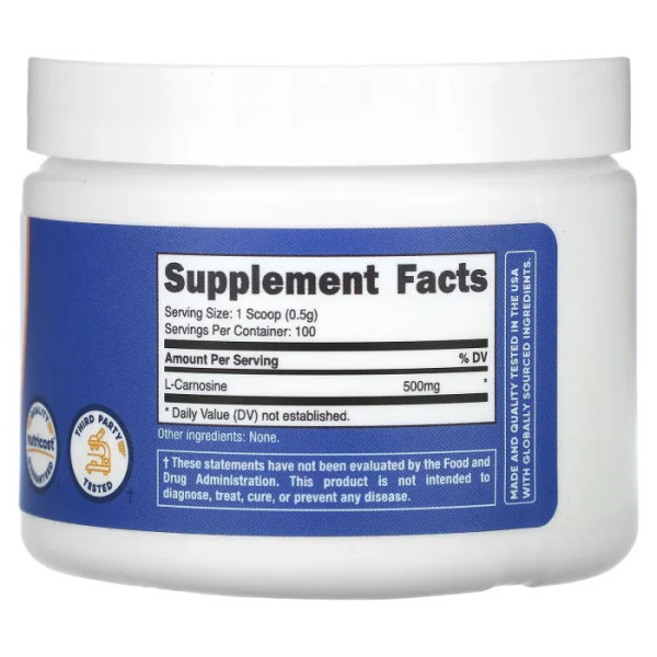 Карнозин, L-Carnosine, Nutricost, без добавок, 50 г